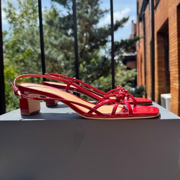 New Reformation Sally Bow Heeled Sandal Mule Shoes Red Scarlet Patent 9.5 - Picture 5 of 15